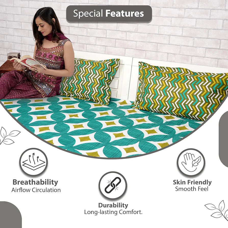 Divine Casa Double Size Bedsheet for Double Bed, 144 TC Pure Cotton Queen Size with 2 Pillow Covers | 222 by 254 cm | Geometric | Emerald Olive