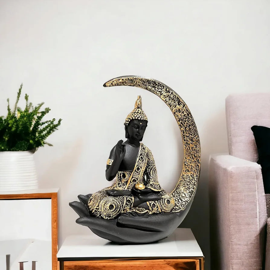 NEELAYA Antique Big Meditating Moon Buddha Statue Showpiece for Home Decor - Living Room - House Warming - Office - Gifting - Buddha Idol Polyresin Decorative Figurine 