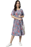 Janasya Women's Sky Blue Cotton Floral Print Flared Western Dress