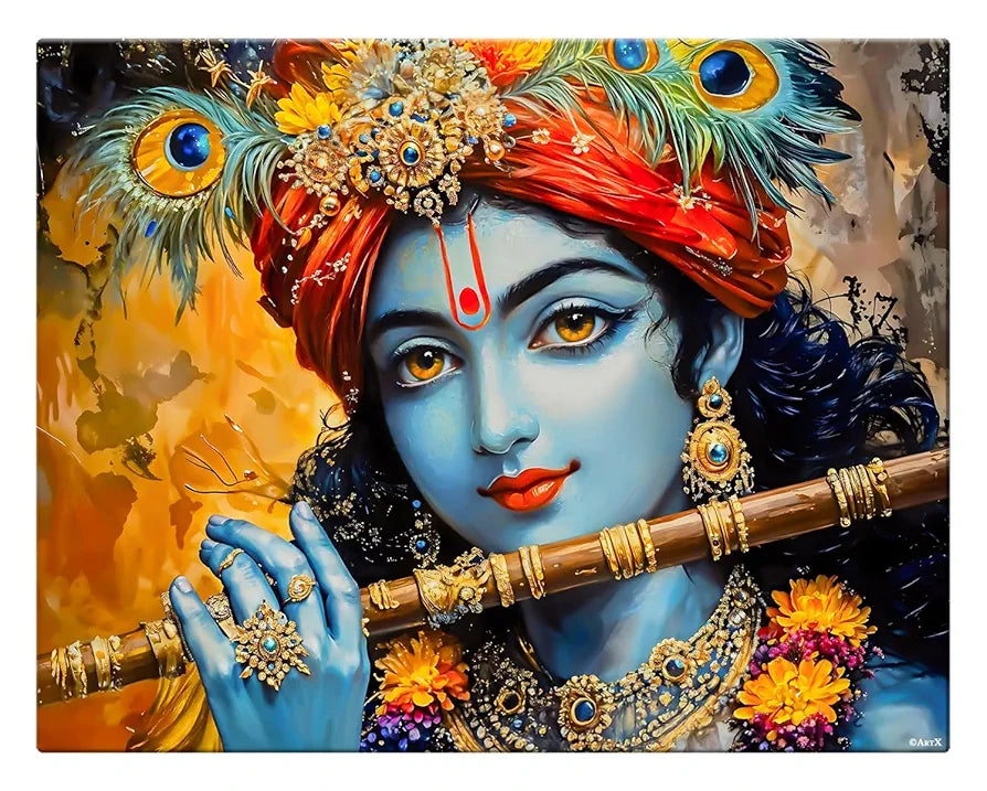 ArtX Canvas Krishna Playing Flute Wall Painting, Krishna Photo Frame For Living Room, Bedroom, Multicolor, Abstract, 58.0 X 45.0 cm, Set of 1