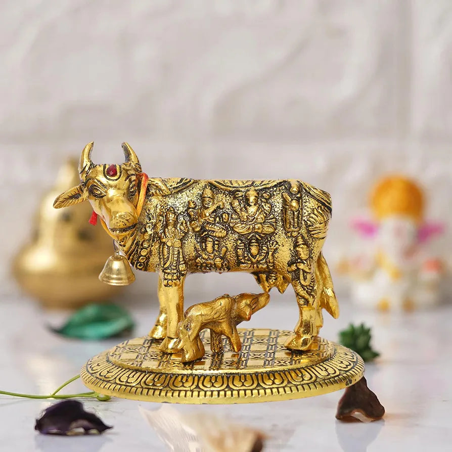 CHHARIYA CRAFTS Oxidized Metal Krishna with Religious Kamdhenu Cow with Calf Handmade Handicraft for Home Decor Gift Item, Gold