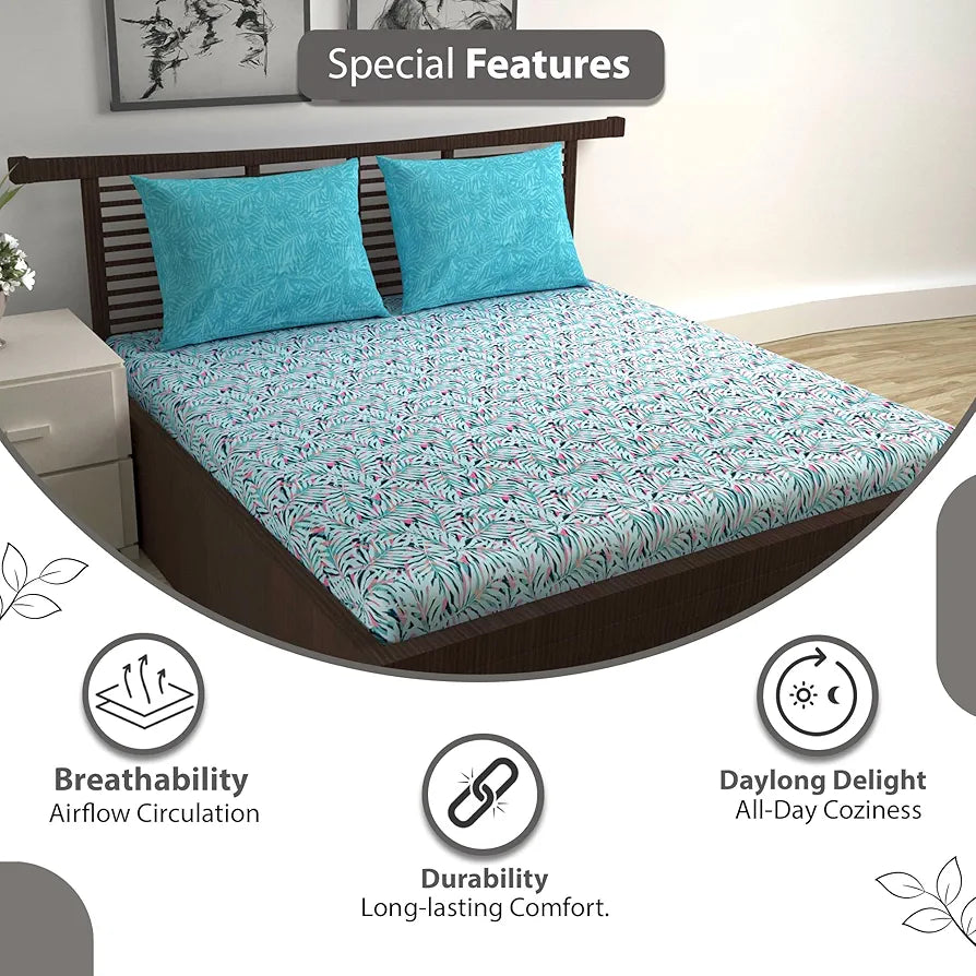 Divine Casa 144 TC 100% Cotton Double Bedsheet with 2 Pillow Covers | Soft, Durable & Skin-Friendly Fabric for All-Season Use | 254 x 222 CM | Tropical Leaf | Light Blue Pink | Bedroom Decor Upgrade
