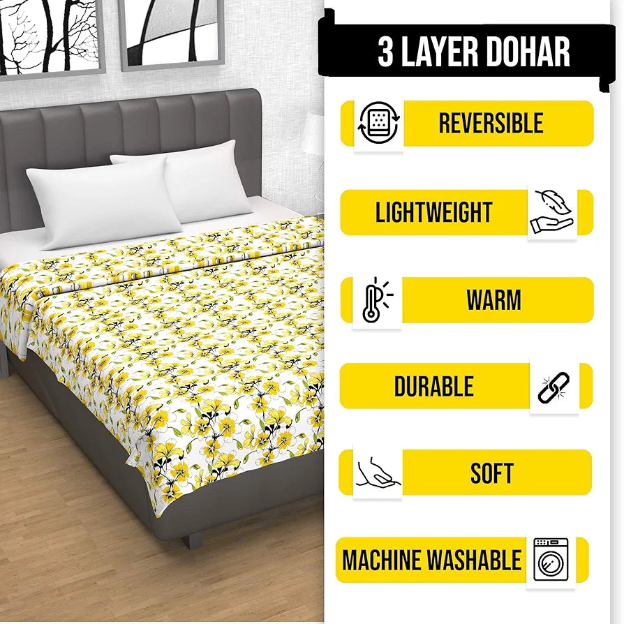 Divine Casa Floret 100% Cotton Double Dohar | 120 GSM | Soft & Lightweight Throw Blanket | Reversible Design | Cozy & Breathable Bedding | All-Season Comfort | 220 x 205 CM, Daffodil Yellow