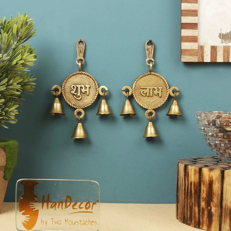 Two Moustaches Brass Rounded Shubh Labh Door Hanging Bells Set, Hanging Bells for Home Decor, Wall Decor, Ghanti for Home, Temple Decor Bells, Pack of 2