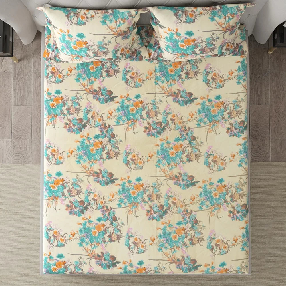 Cloth Fusion Glace Cotton Elastic Fitted Bedsheet for Double Bed King Size with 2 Pillow Covers, Soft Wrinkle Free Elastic Bedsheets for King Size Bed 