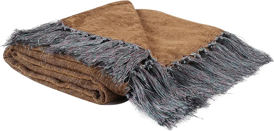 Cazimo Soft Chenille Premium Throw Blanket with Tassel Fringe, Fade Resistant, All Seasons,Ultra-Soft for Decorative Sofa & Bed Cover, Chair & Travel, 60x50 Inches, Pack of 1, Brown