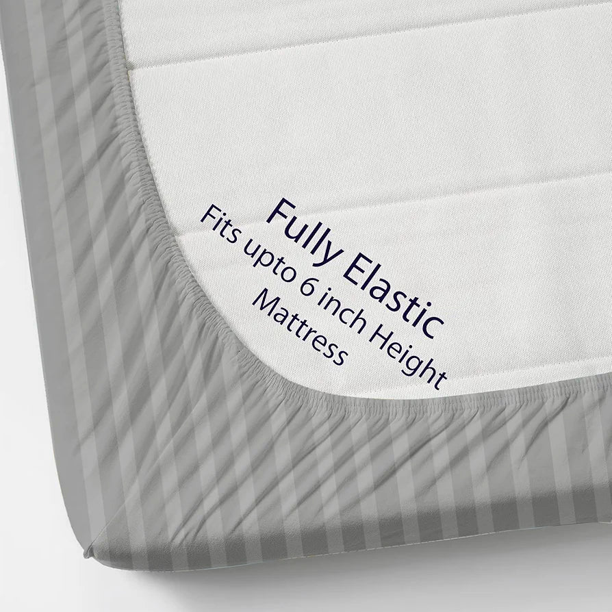 Homefab India 160 TC Stripe Cotton Feel Glace Cotton Elastic Fitted King Size Double Bed Bedsheet with 2 Pillow Covers Fits Upto 6 inches Mattress, Size-72X78 inches, Silver