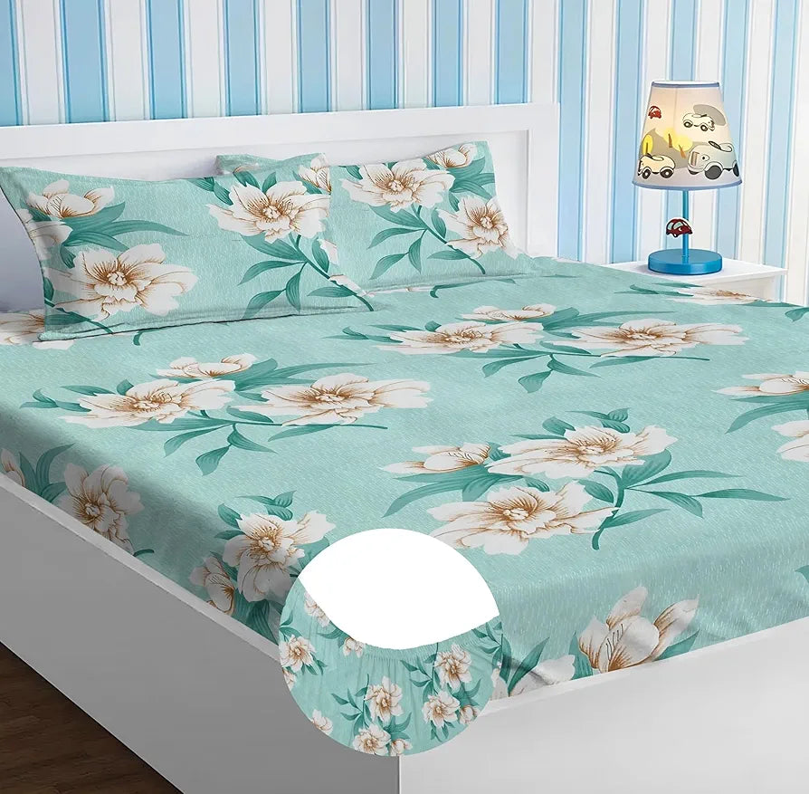 Premium Cotton Elastic Fitted Bedsheets with 2 King Size Pillow Covers Double Bed with All Around Elastic Supersoft Size - 72 x 78 +10 inches Flower Print Light Green 200 tc - 220 tc