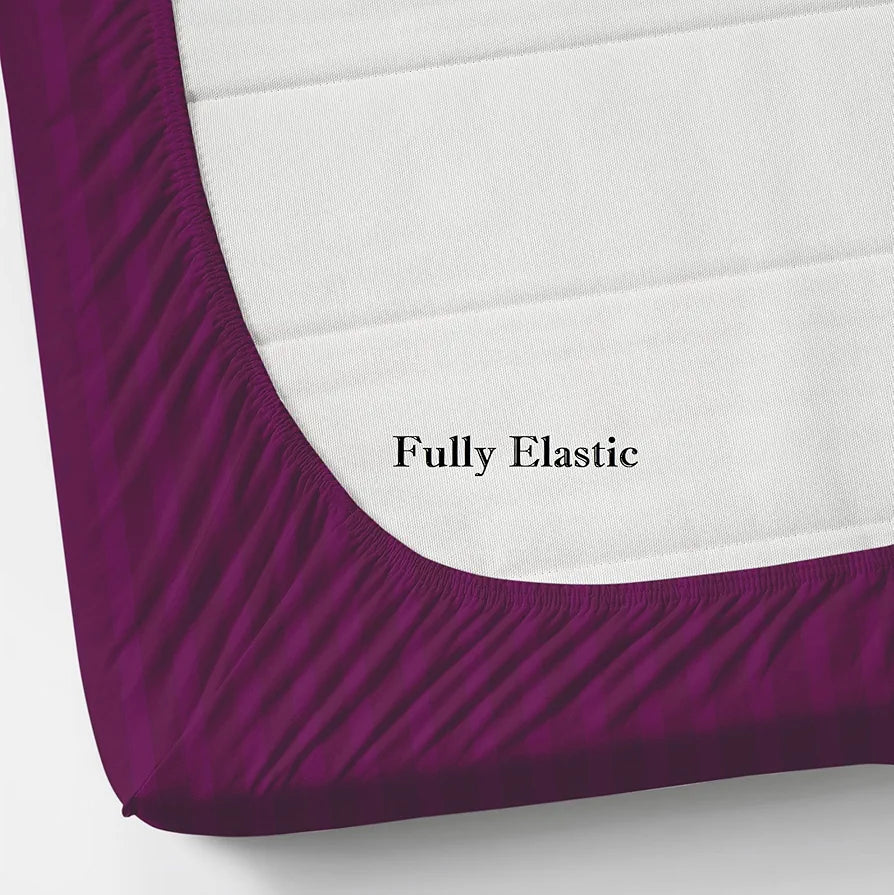 Homefab India 160 TC Stripe Cotton Feel Glace Cotton Elastic Fitted King Size Double Bed Bedsheet with 2 Pillow Covers Fits Upto 6 inches Mattress, Size-72X78 inches, Dark Pink