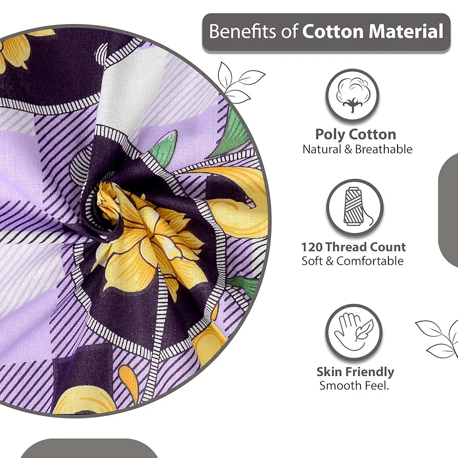 Divine Casa Double Size Bedsheet for Double Bed, 144 TC Pure Cotton Queen Size with 2 Pillow Covers | 222 by 254 cm | Floral | Royal Lilac