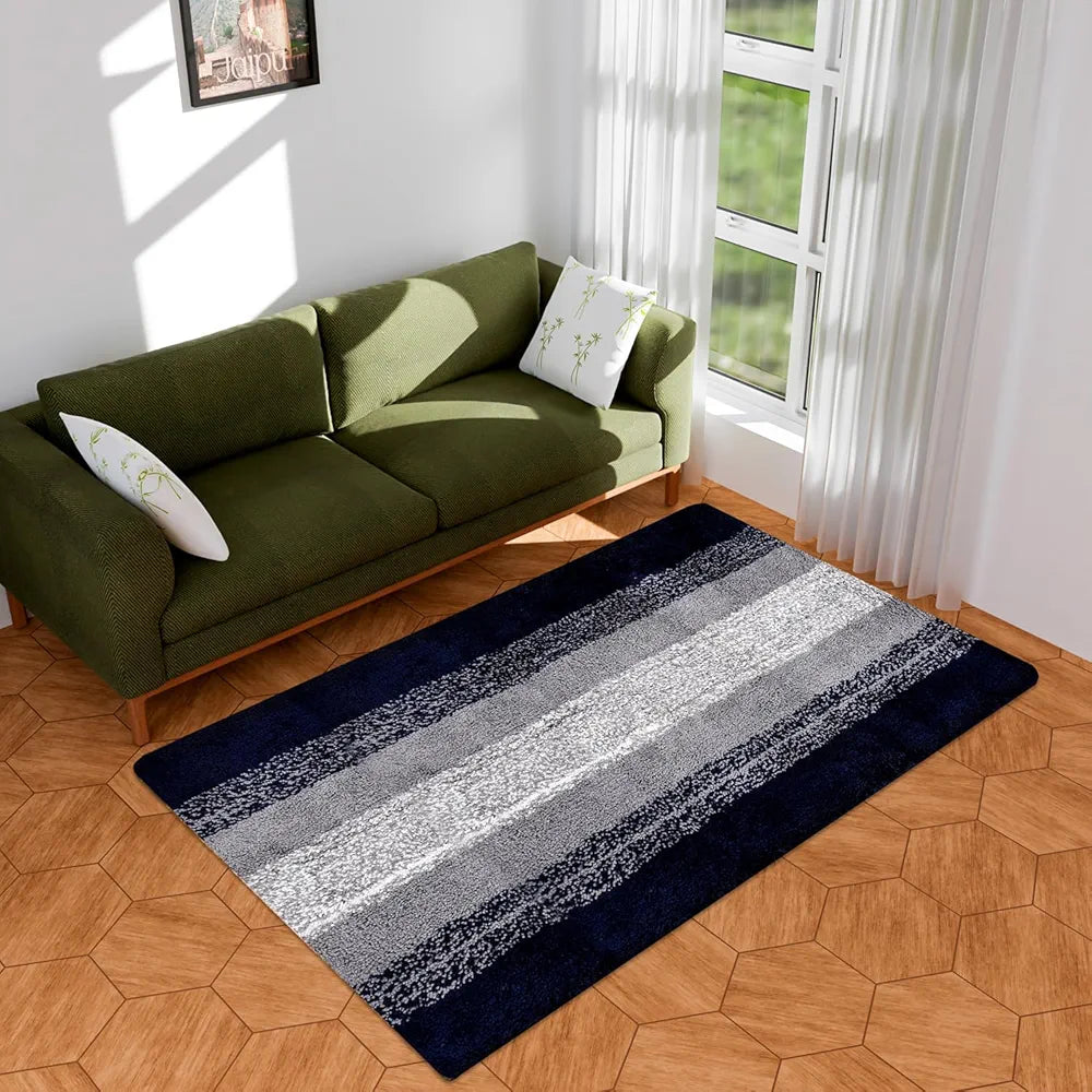 Kuber Industries Shaggy Carpet for Living Room | Fluffy Rug for Bedroom | Blue Patta Rainbow Floor Rug | Non-Slip Bedside Carpet | 3x5 Feet | Gray