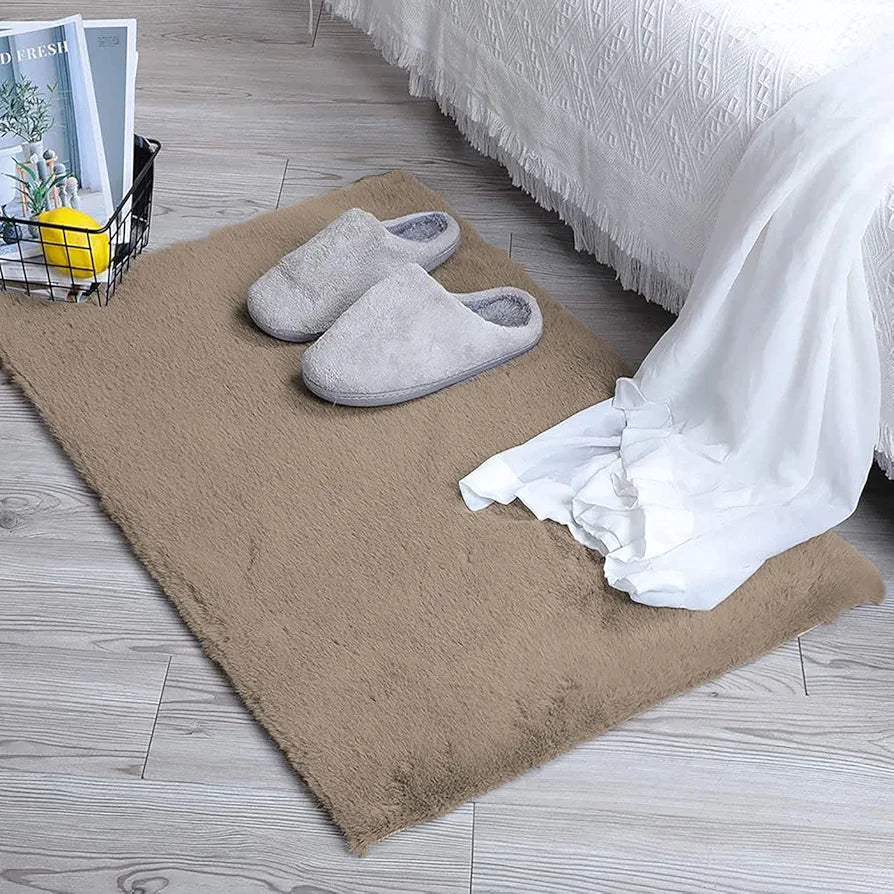 LUXE HOME INTERNATIONAL Ruffle Bath Mat Rabbit Fur 1000 GSM Bathroom Door Rectangular Foot Mats Anti Skid Water Absorbent Easy Machine Washable Rug for Entrance|Kitchen Floor|45X75 Cm|Taupe|Pack of 1