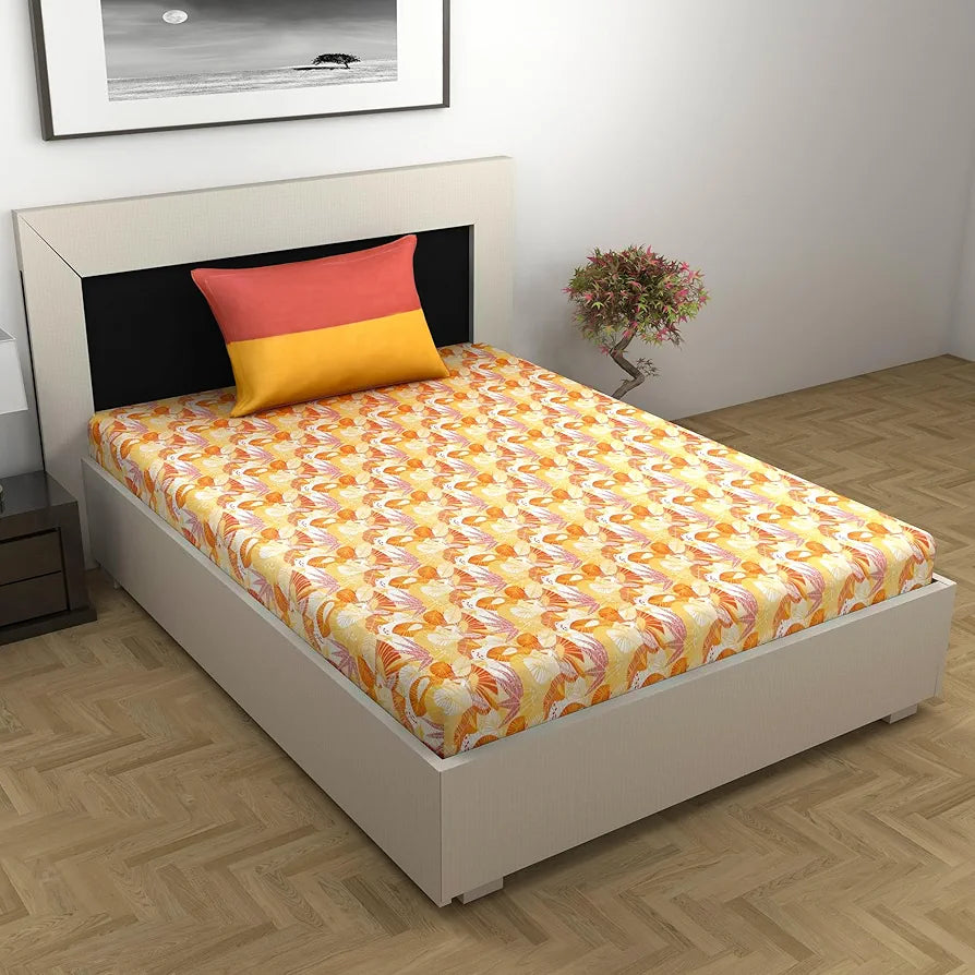 Divine Casa 144 TC Pure Cotton Single Size Bedsheet with 1 Pillow Cover | Soft & Durable for Everyday Use & Bedroom Decor | All-Season Comfort | Size 145 x 223 CM | Floral Paisley | Mustard Orange