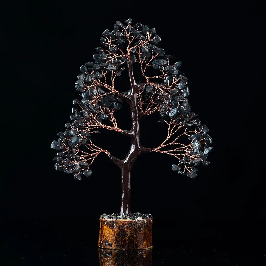 HindCraft Black Tourmaline Crystal Tree Good Luck Showpiece for Home Decor Items Crystals Gemstones Bonsai Money Tree for Good Luck, Decoration Gift Item, Copper Wire, 10-12 inch