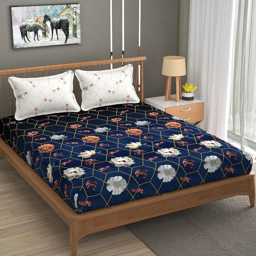 FRESH FROM LOOM Floral Microfiber Cotton Bedsheet for Double Bed |240 TC Queen Size Soft Bed Sheet with 2 Pillow Cover | Anti Fade Printed Bed Cover 