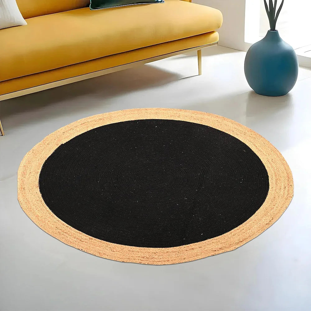Kuber Industries 3x3 Feet Round Jute Rug & Carpet for Home/Bedroom | Natural Looking Floor Rugs for Living Room | Light Brown & Black