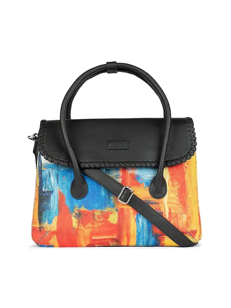 ZOUK Printed Jute Handcrafted Vegan Leather Multicolor Women's Satchel Bag | Ladies Purse Handbag | Double Handle Detachable Strap