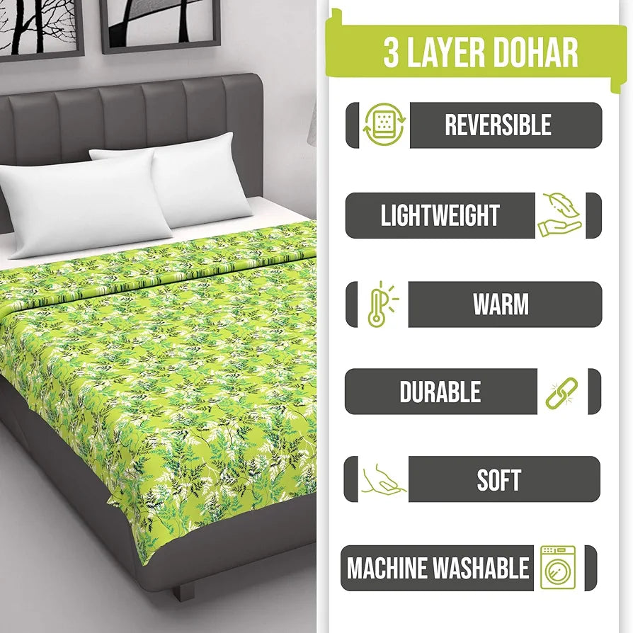 Divine Casa Floret 100% Cotton Double Dohar | 120 GSM | Soft & Lightweight Throw Blanket | Reversible Design | Cozy & Breathable Bedding | All-Season Comfort | 220 x 205 CM, Leaf Green