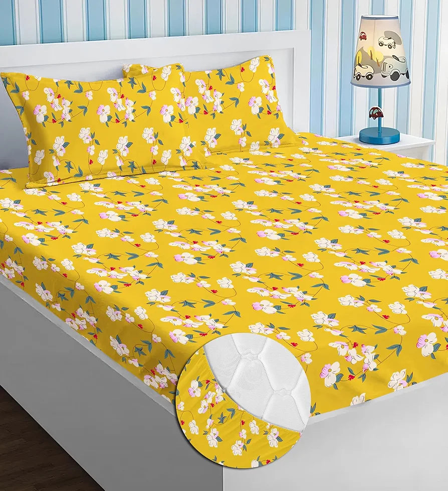 Premium Cotton Elastic Fitted Bedsheets with 2 King Size Pillow Covers Double Bed with All Around Elastic Supersoft Size - 72 x 78 +10 inches Flower Print Yellow and Green 200 tc - 220 tc