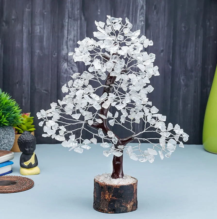 HindCraft Clear Quartz Crystal Tree Good Luck Showpiece for Home Decor Items Crystals Gemstones Bonsai Money Tree for Good Luck, Decoration Gift Item, Silver Wire, 10-12 inch