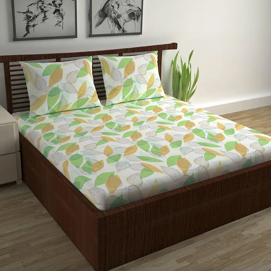 Divine Casa Double Size Bedsheet for Double Bed, 144 TC Pure Cotton Queen Size with 2 Pillow Covers | 222 by 254 cm | Floral | Sage & Mustard
