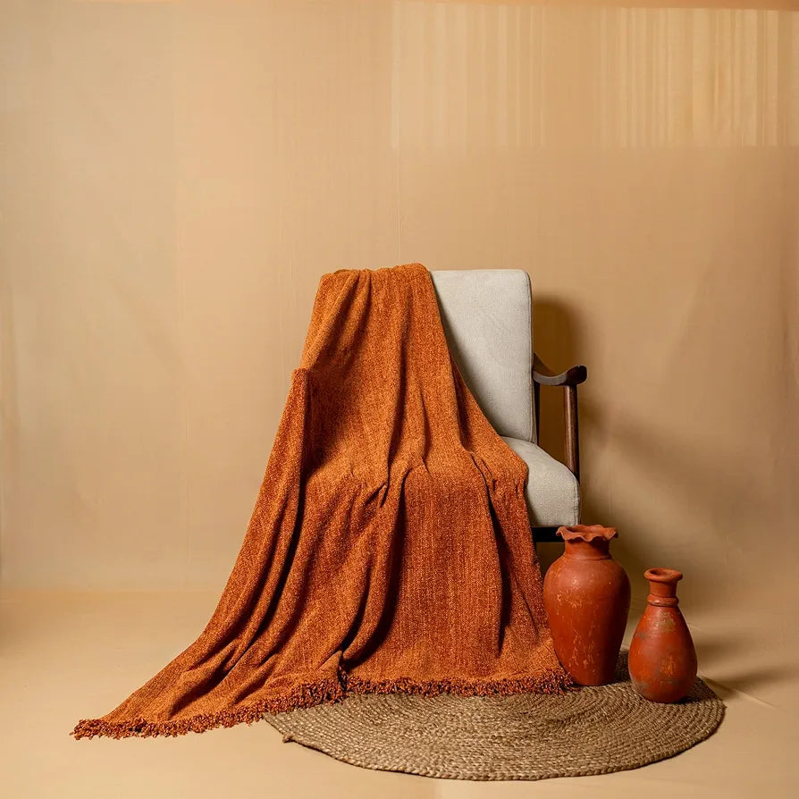 SASHAA WORLD Lightweight Soft Chenille Throw | Throw Blanket for Sofa, Bed, Chair & Travel | Rust Throw Blanket | Pack of 1, 130 x 180 cm