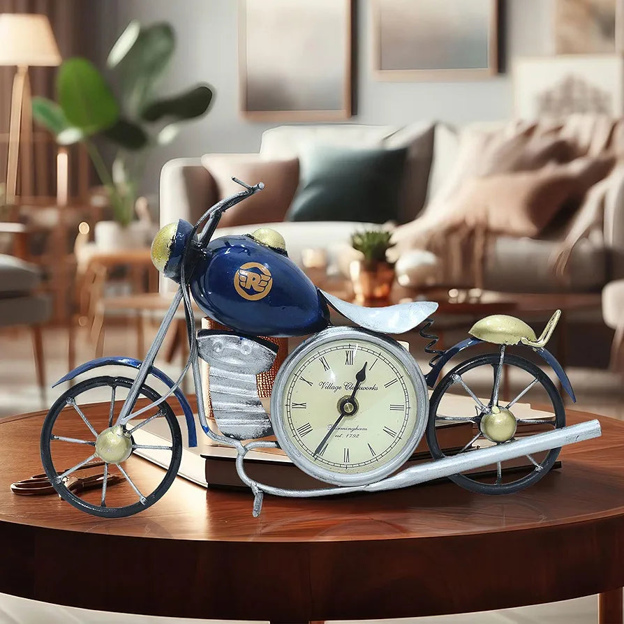 KRAFTSKALA Vintage Royal Bullet Motor Bike with Antique Clock | Rustic Iron Metal Decor Showpiece for Study Table, Desk, Office, Gifts 
