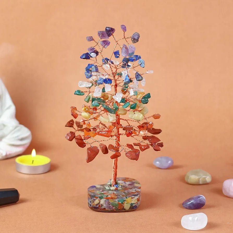 ZAICUS 7 Chakra Gemstone Bonsai Tree with Orgone Heart Base – Feng Shui Showpiece for Positive Energy & Home Décor – Healing Crystal Tree, Ideal Gift
