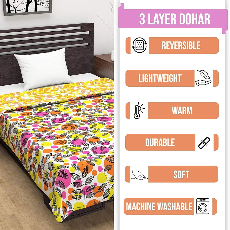 Divine Casa 120 GSM Microfiber Single Dohar | Soft & Lightweight Throw Blanket | Cozy & Breathable | All-Season Comfort | 210 x 140 CM | Tropical Leaf Pattern | Orange & Yellow