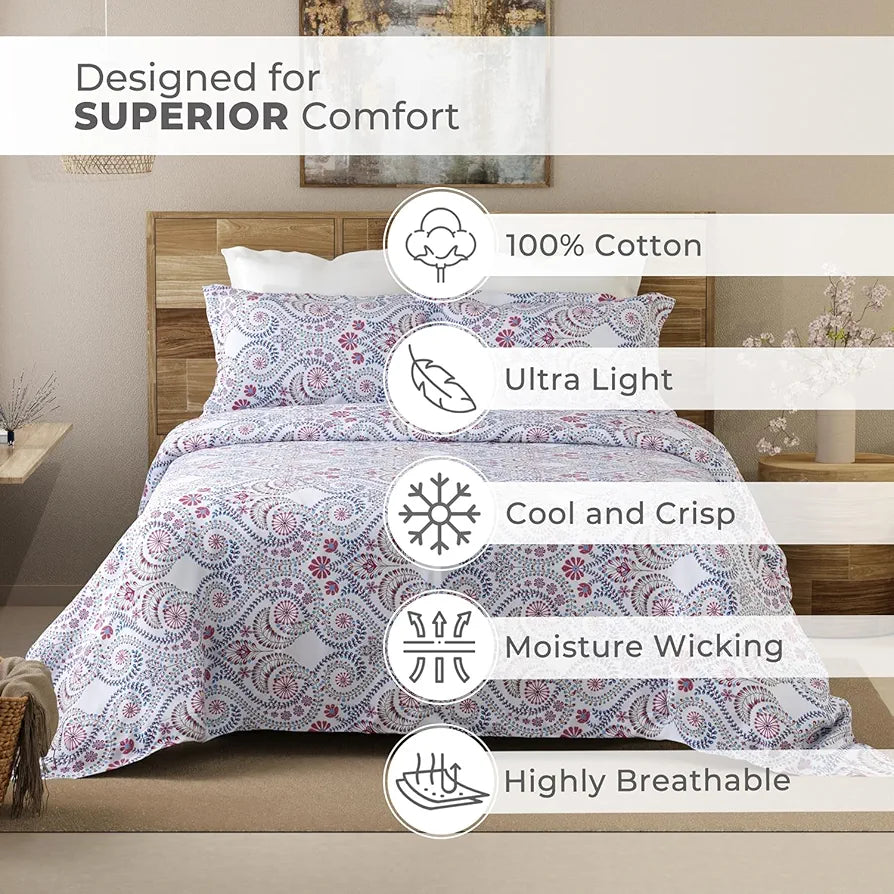 Emaline 100% Cotton King Bedsheet Set  | 1 King Cotton Bedsheet & 2 Pillow Covers | Breathable & Anti-Wrinkle | 144 TC | 