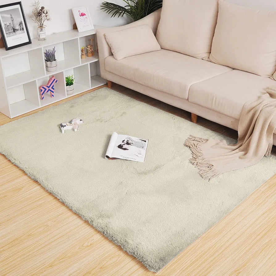 LUXE HOME INTERNATIONAL Ruffle Floor Rug Rabbit Fur 1000 GSM Living Room Rectangular Foot Mats Anti Skid Water Absorbent Easy Machine Washable Rug for Bedroom | Floor | 4 x 6 Ft | Beige | Pack of 1