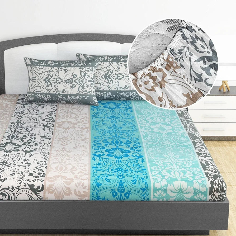Divine Casa 144 TC 100% Cotton Floral Grey Breathable Bedsheet King Size Bed Cotton Elastic Fitted - 78 x 72 Inches