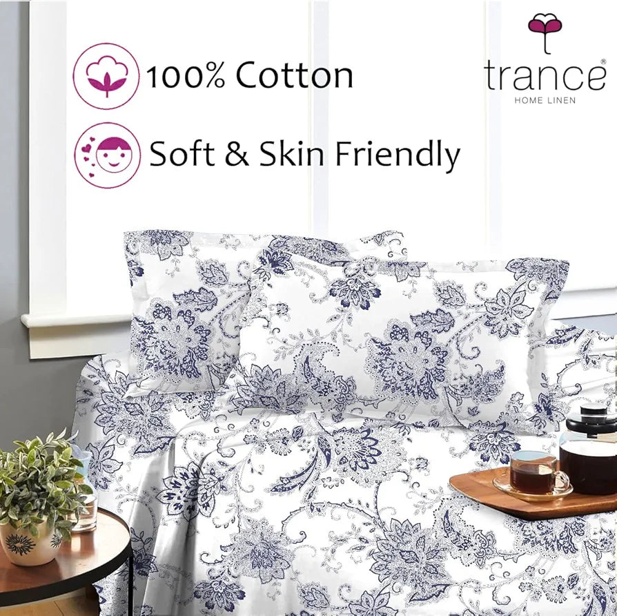 Trance Home Linen Skin Friendly 100% Cotton Printed Fitted Bedsheet for Queen Size Bed with 2 Pillow Cover - Premium 180TC 