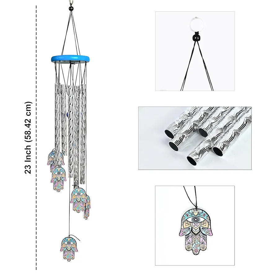 ZAICUS Hamsa Hand Wind Chime – 23-Inch Metal Wind Chimes for Home Décor, Protection & Positive Energy – Hanging Bells for Balcony, Garden & Outdoor Spaces