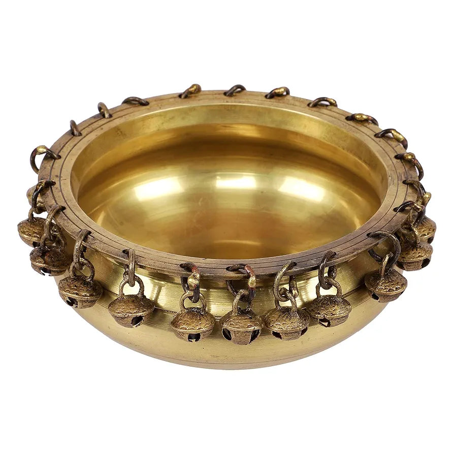 Two Moustaches Ethnic Traditional 6 Inches Brass Urli Bowl with Bells Showpiece, Brass Urli for Decor, Housewarming Gifts, Standard, Pack of 1