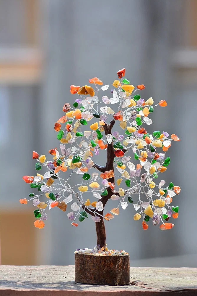 Reikved Mix Chakra Crystal Natural Gemstone Mix Chakra Silver Bonsai Money Tree with Chakra Bracelet for Reiki Healing Good Luck, Home, Office Decor 300 Beads, Size 10-12 Inches