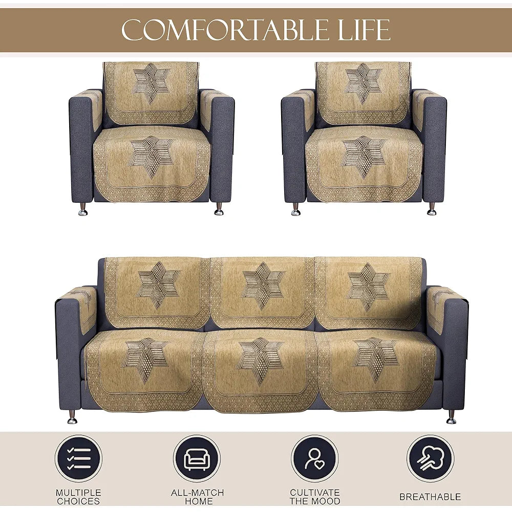Kuber Industries Set of 16 Anti-Skid Sofa Cover 5-Seater with Arm Cover | Comfortable Slipcover Sofa Cloth & Furniture Protector for Home Decor | Star Print - Cream & Brown