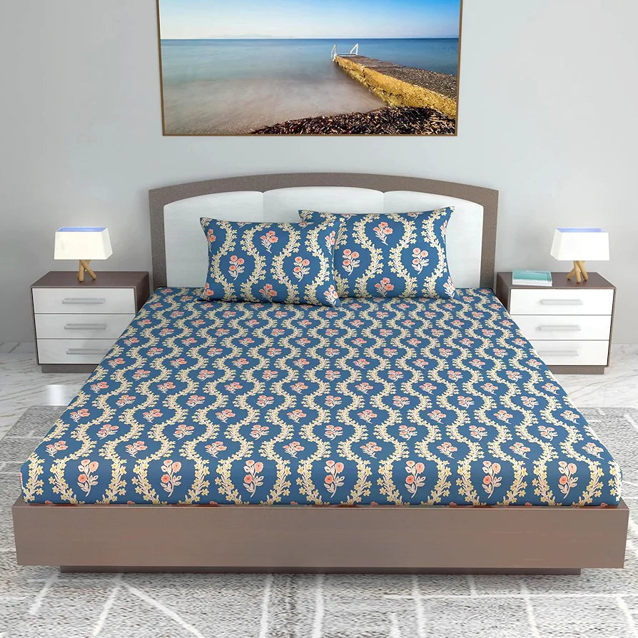 Divine Casa 144 TC Cotton Blue Super Soft King Size Bedsheet | Every Day Use King Size Bedsheets - 