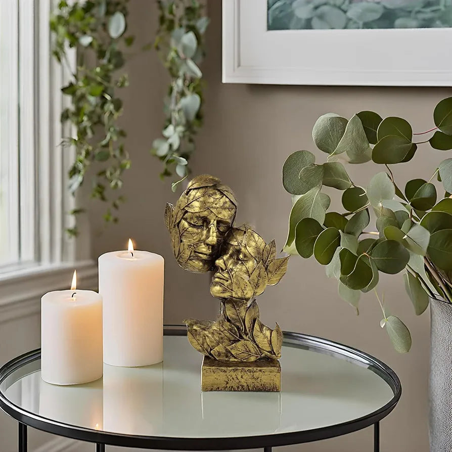 ALILA Golden Leaf Couple Faces Statue Showpiece Idol for Gifting & Home Table Decoration Vastu Lucky, 12.5 Inches Height, Home Decor