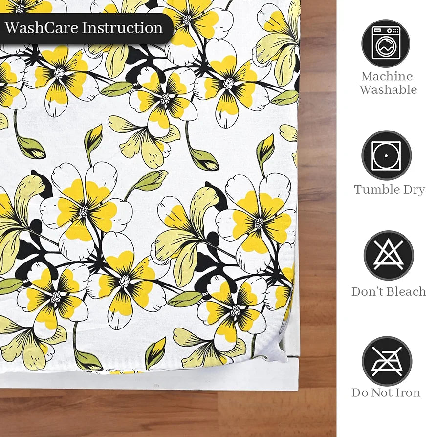 Divine Casa Floret 100% Cotton Double Fitted Bedsheet | 144 TC | Deep Pocket Design | Soft & Breathable Fabric | Durable & Easy Care | 200 x 150 + 25 CM, Daffodil Yellow