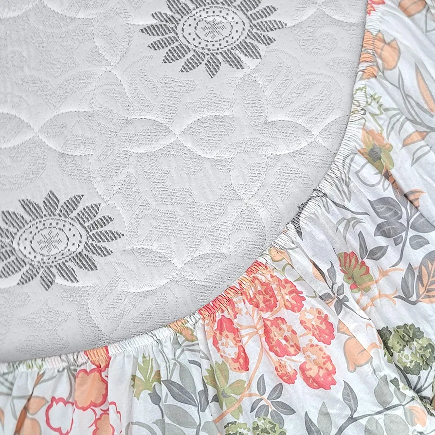 Divine Casa 144 Tc Cotton Floral Print King Size Double Bed Elastic Fitted Bedsheet With 2 Pillow Cover - 78 X 72 Inches, Galaxy Peach