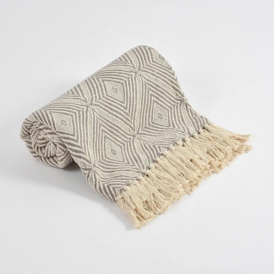 SASHAA WORLD Diamond Weave Comfort Throw | Soft & Plush | Throw for Chair, Living Room, Bedroom, Sofa | Grey and Natural -130x160 cm