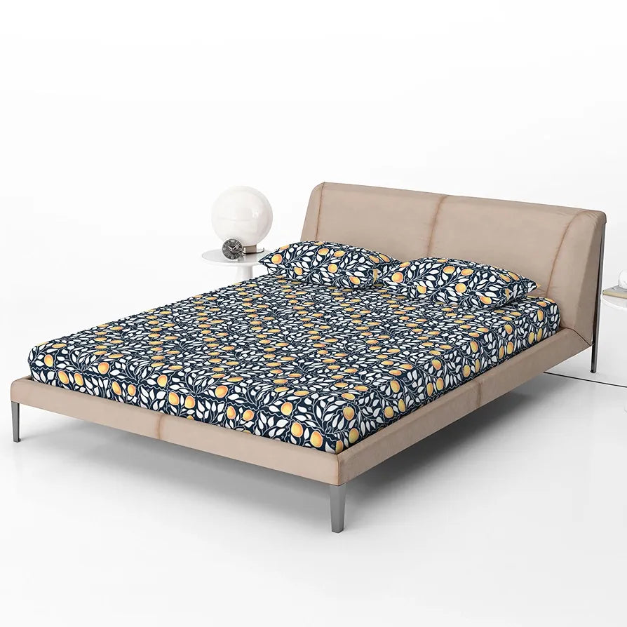 Divine Casa 144 TC 100% Cotton Deep Cobalt Floral King Size Elastic Fitted Bedsheet with 2 Pillow Covers | Elegant Double Bed Set for Bedroom -  cm