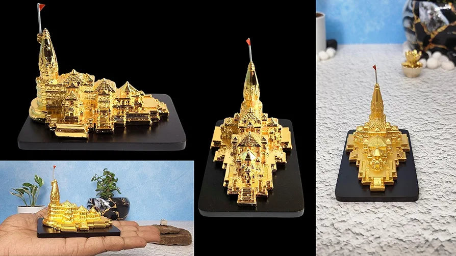 Gold Art India Ram Mandir Ayodhya Gold Plated 24 Karat - Minature for Car Dashboard, Gifting, Puja Room, Office Desk, Home Decor 
