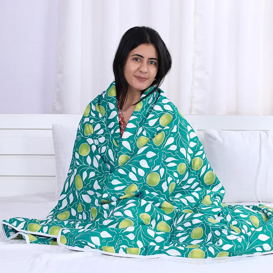 Divine Casa Glace Cotton 120 GSM Reversible Lightweight Printed Single Bed AC Dohar Blanket Quilt - Turquoise and Green| TC - 120