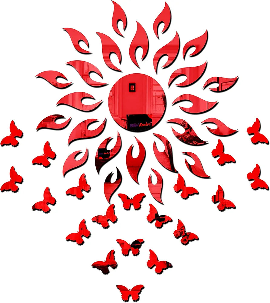 Bikri Kendra Sun red with 20 red Butterfly Wall Mirror Stickers 3D Acrylic Sticker
