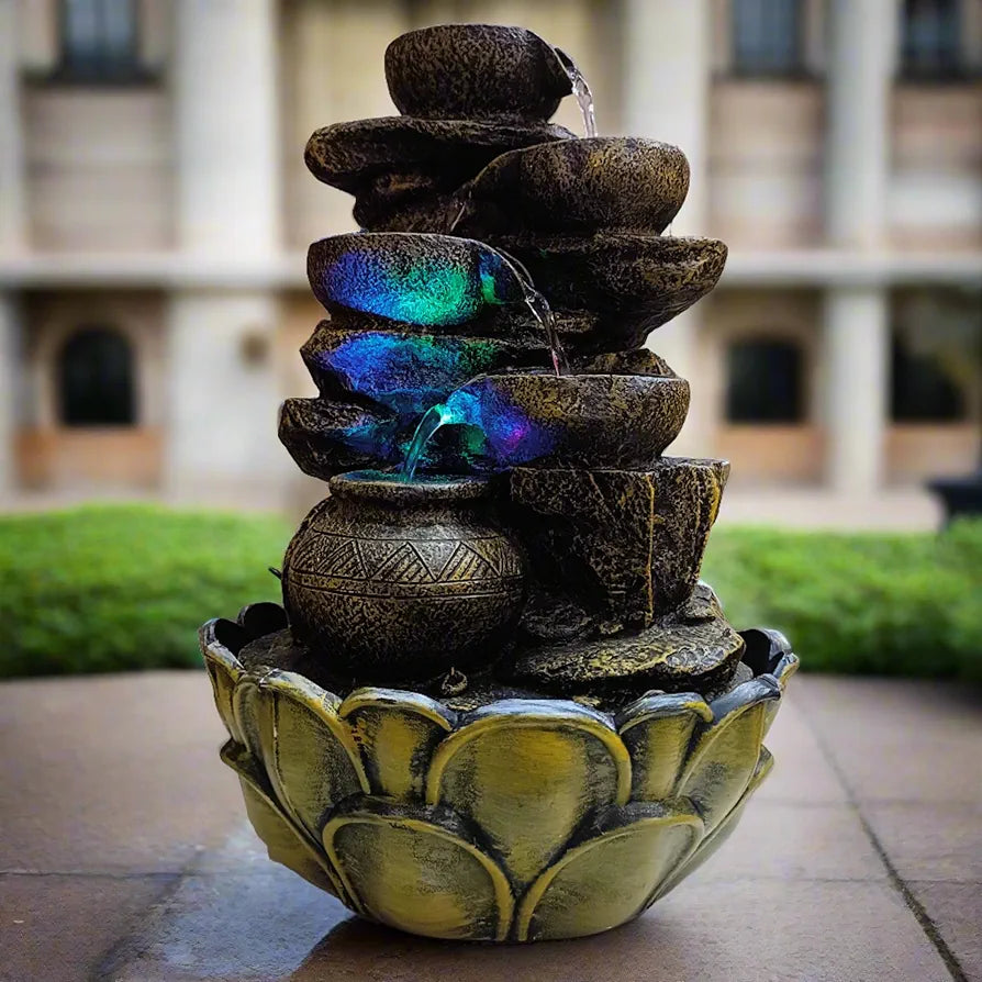 ALILA Resin Water Fall Fountain for Home Living Room Decor with LED Lights Table Top Indoor Outdoor Decoration Gift Gifting Item, 15 Inch