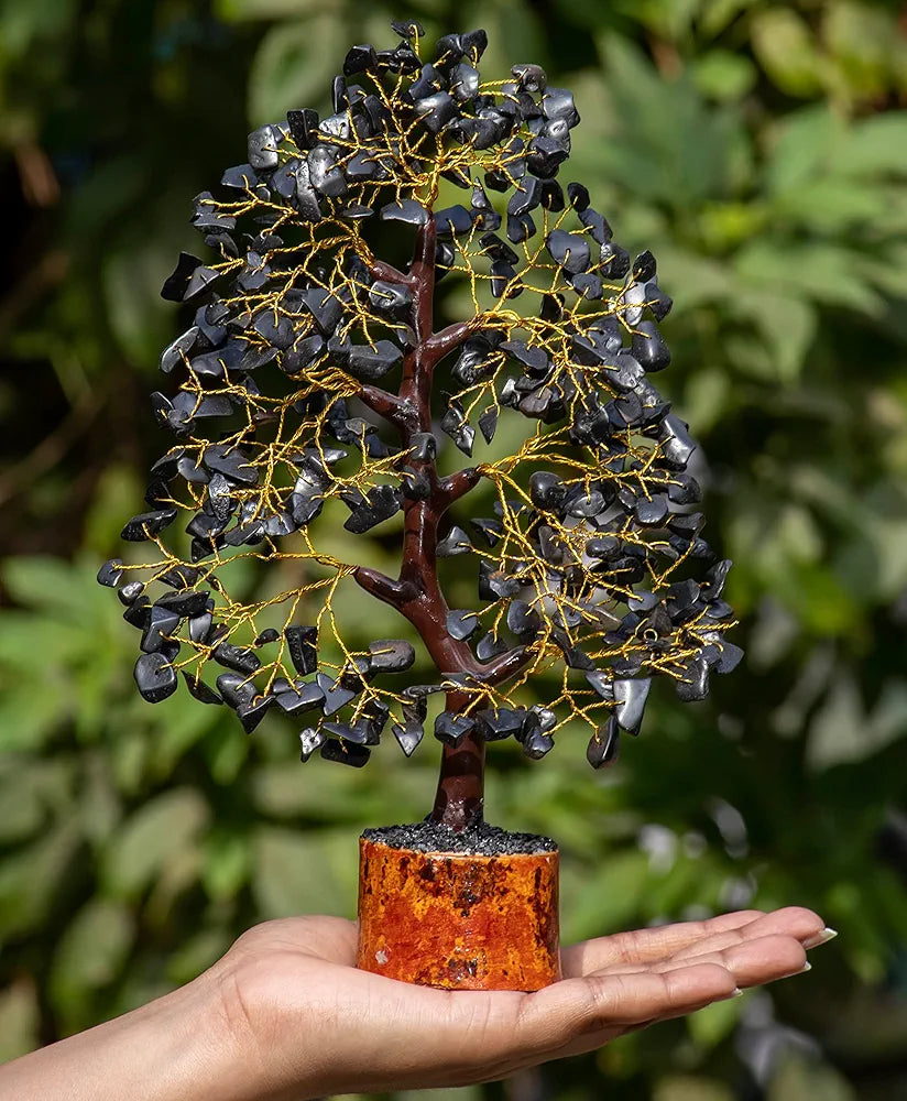 Hindcraft Black Tourmaline Crystal Tree Good Luck Showpiece for Home Decor Items Crystals Gemstones Bonsai Money Tree for Good Luck, Decoration Gift Item, Golden Wire, 10-12 inch