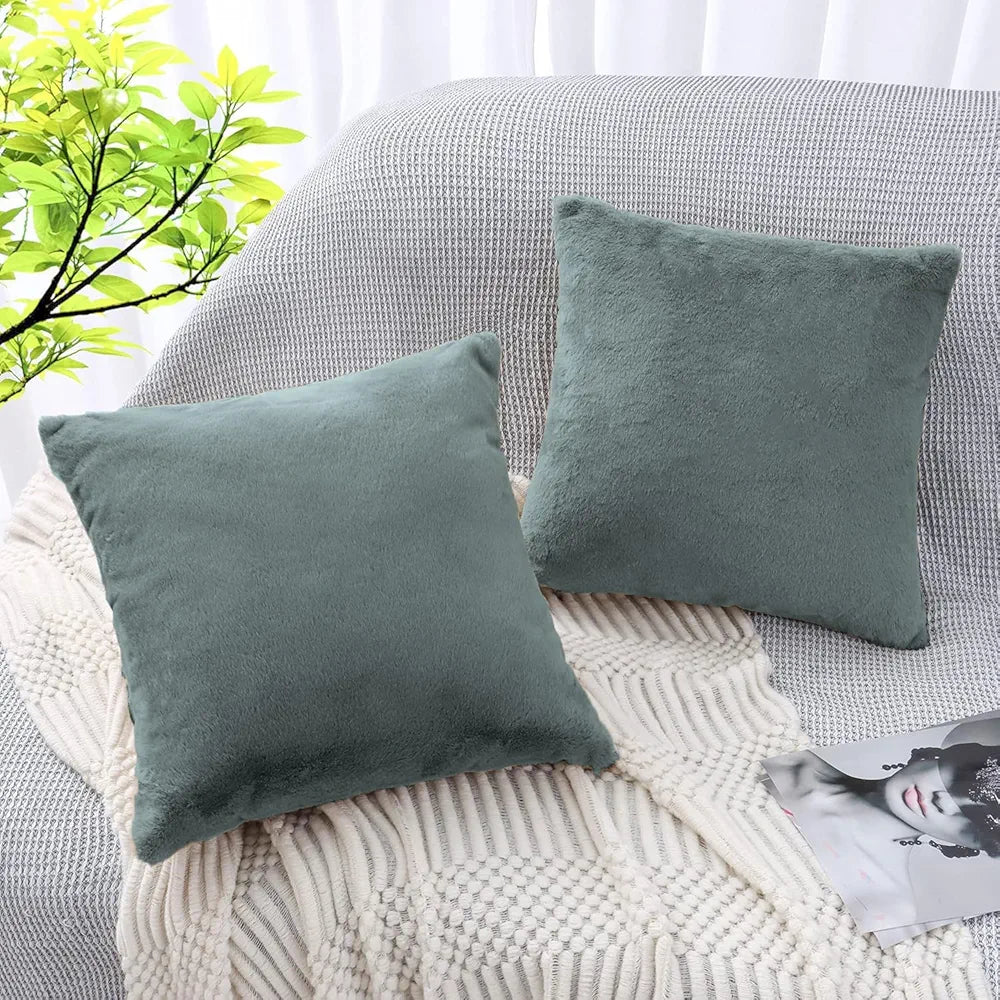 Luxe Home Cushion Cover 16 inch x 16 inch Duble Side Rabbit Fur Plain Design Covers Set of 2 for Sofa, Bedroom, livingroom 