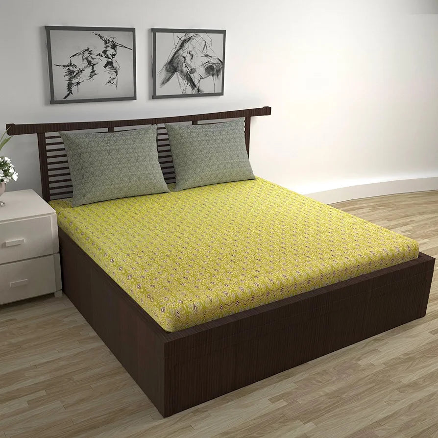 Divine Casa 144 TC 100% Pure Cotton Double Bedsheet with 2 Pillow Covers | Soft & Skin-Friendly Fabric for Everyday Comfort | All-Season Use | Size 222 x 254 CM | Ikat Diamond Print | Mustard Yellow